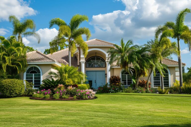 Florida stucco home with palm trees and a manicured lawn